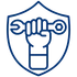 Line icon of a shield with a handshake and group of people representing labor union protection and collective organization.