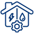 Line icon of a house with utility elements including a water droplet, light bulb, and gear representing utility company services and infrastructure.