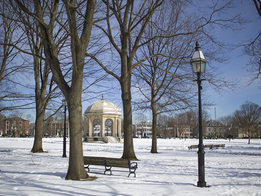 Snow covered Salem, MA Commons