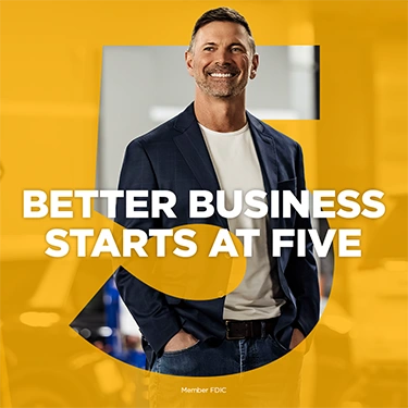 Business professional standing in front of a yellow background with the text &ldquo;Better Business Starts at Five&rdquo;
